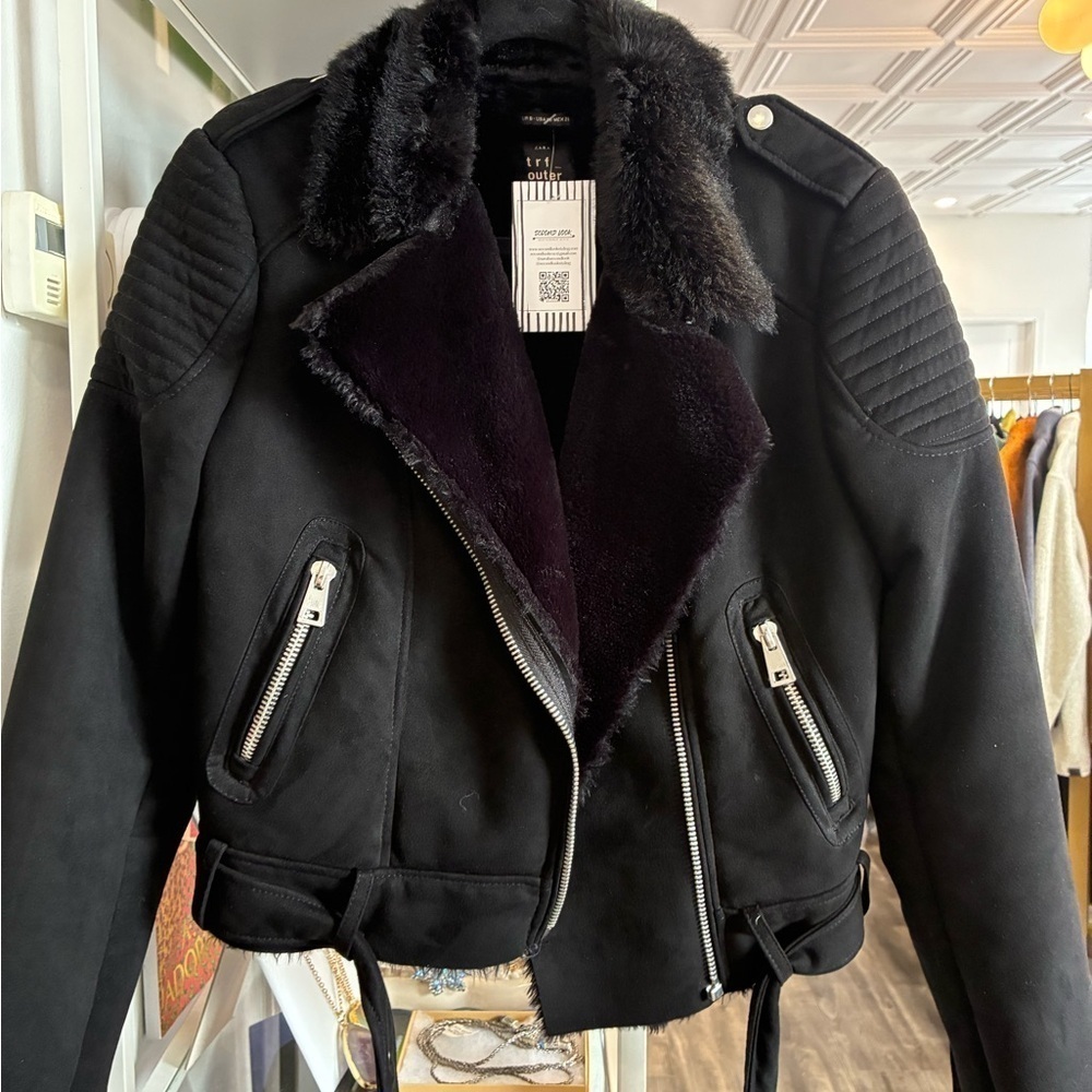 Zara trf outerwear faux fur suede motorcycle jackets size small